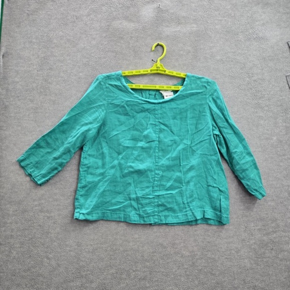 Nicole Miller Women Blouse L Blue Linen Button Scoop‎ Neck Front